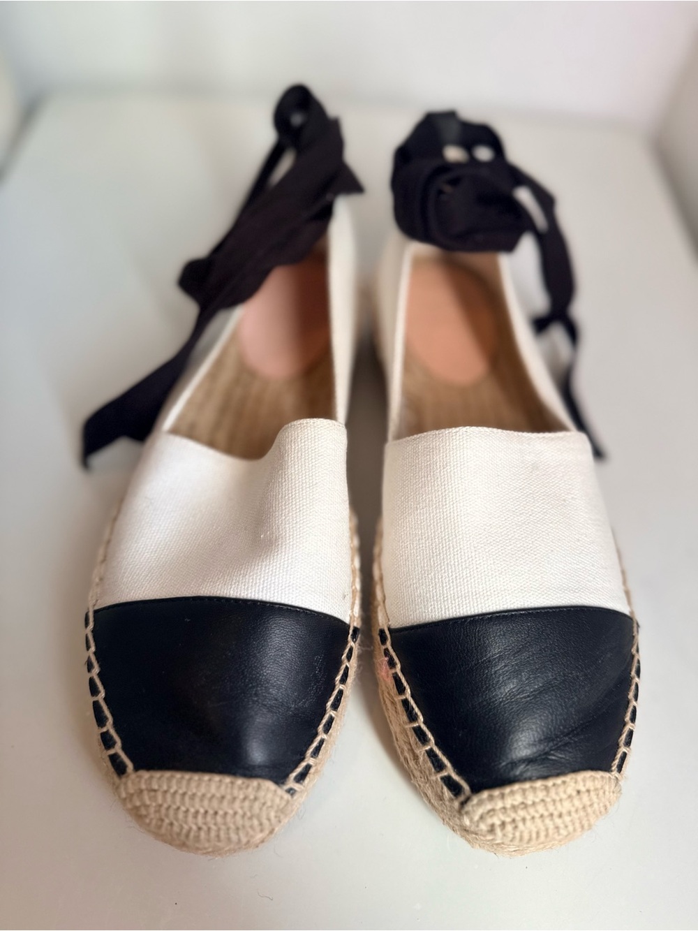 J. Crew Cream Canvas Espadrilles with Leather Black Cap Toe and Black Ankle Ties
